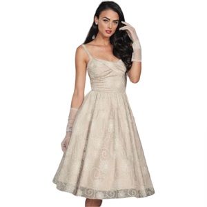 NWT STOP STARING! ‘Darla’ Pin-up Style Taupe Embroidered Lace Swing Dress XS